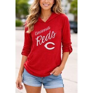 Soft As‎ A Grape Cincinnati Reds Hoodie Women Medium Red MLB Roll Tab Sleeve